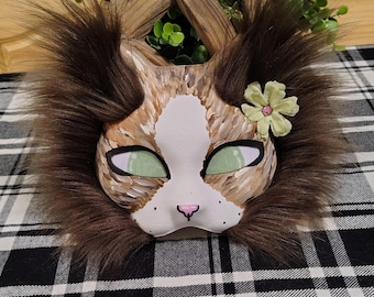 Realistic Brown Tabby Therian Cat Mask | Fluffy Calico Quadrobics Mask with Fur & Flower Accent | Custom Furry Masquerade Cosplay Mask