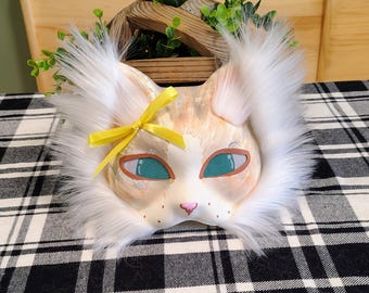 Diluted Calico Cat Therian Mask with Fluffy Faux Fur | Realistic Handpainted Calico Cosplay Mask, Quadrobics Gear, Custom Cat Costume Mask