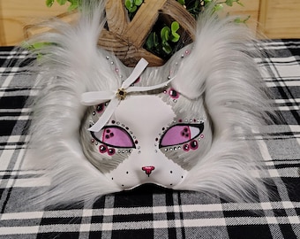 Turkish Van Cat Therian Mask with Fluffy Faux Fur | White and Silver Gray Feline Cosplay Gear | Custom Painted Animal Mask