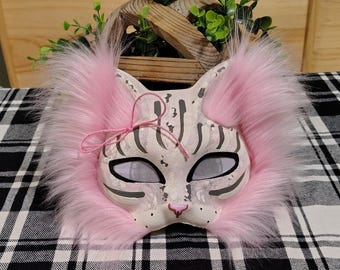 Pink Lynx Therian Mask with Fluffy Faux Fur | Hand-Painted Snow Leopard Cat Mask for Quadrobics Gear, Alterhuman Cosplay, Fursuit Head