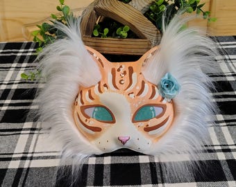 Handmade Cream Orange Tabby Therian Cat Mask | Realistic Fluffy Faux Fur Feline Mask for Cosplay & Quadrobics | One-of-a-Kind Animal Alter