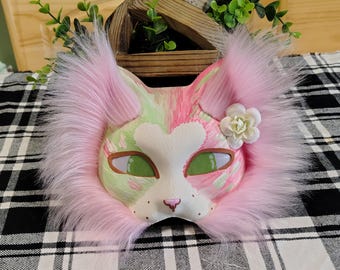 Handmade Pastel Pink Strawberry Therian Cat Mask | Fluffy Faux Fur Feline Mask for Cosplay & Quadrobics | Hand-Painted Animal Mask
