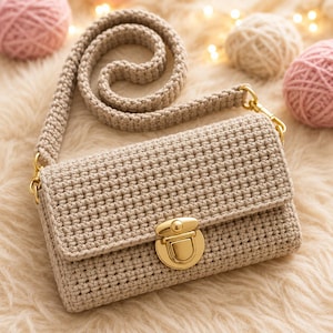 May include: A beige crochet crossbody bag featuring a rectangular flap, a textured stitch pattern, and a gold-tone metal push-lock closure. The bag includes a matching crochet shoulder strap attached with gold-tone metal swivel clasps on each side.