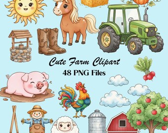 Watercolor Farm Clipart Bundle: 48 Barnyard Animals & Tractor PNG (Digital Download)