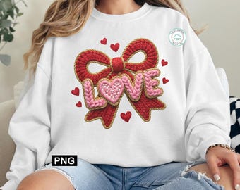Faux Yarn Crochet Love PNG, Coquette Bow Embroidery Design, Sublimation Digital Download, Trendy Valentines 2026 Art