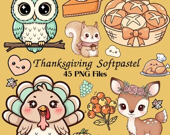 Kawaii Thanksgiving Clipart: Pastel Woodland Animals (PNG Files)