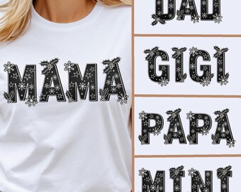 Matching Family Christmas PNG Bundle, Snowﬂake Letter Alphabet for Holiday Shirts, Mama Dad Gigi Papa Mini Digital Design Files