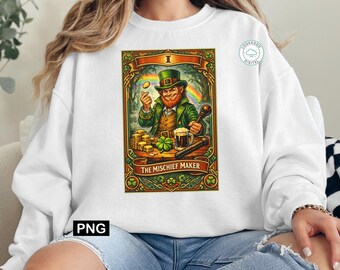 The Mischief Maker St.Patricks Day PNG, Funny Leprechaun Tarot Card Design, Retro Sublimation File, Trendy Irish Digital Download