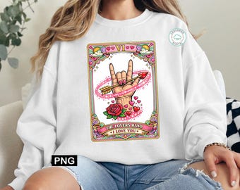 The Lovers Tarot Card I Love You Hand Sign PNG, ASL Sign Language Art, Witchy Valentine Gift, Digital Download.