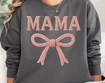 Coquette Mama Faux Yarn PNG, Knitted Letters, Girly Pink Bow Design for Sublimation