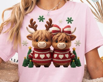 Christmas Highland Cow Couple PNG: Knitted Toy Graphic (Digital Download)