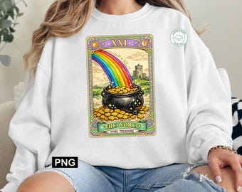 The World Tarot Card St Patricks Day PNG, Retro Lucky Sublimation Design, Vintage Witchy Irish Pot of Gold & Rainbow Art, Digital Download