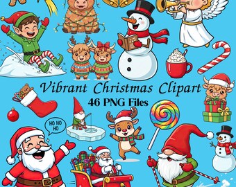 Christmas Clipart Bundle: 46 Cartoon Santa, Elf & Reindeer PNG (Digital Download)