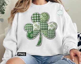 Patchwork Shamrock PNG, St Patricks Day Sublimation Design, Faux Quilt Clover Digital Download, Vintage Irish Fabric Applique Graphic