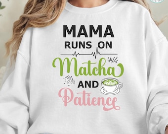 Mama Runs On Matcha SVG PNG, Retro Wavy Text Design for Cricut, Green Tea Lover Shirt Decal, Aesthetic Mom Life Digital Download