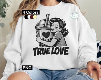 Retro True Love Boba Tea PNG, Valentine Funnies Halftone Design, Vintage Comic Girl Hugging Bubble Tea Clipart, Pop Art Sublimation.