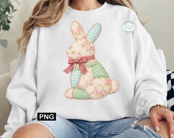 Patchwork Bunny PNG for Sublimation, Vintage Grandmacore Easter Rabbit Design, Trendy Spring Cottagecore Digital Download