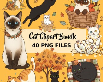 Fall Cat Clipart Bundle, Kawaii Autumn Kitten, Thanksgiving PNG (Digital Download)