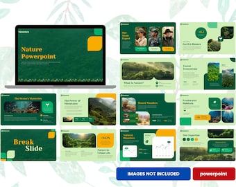 May include: A laptop showing a Nature PowerPoint presentation with green and yellow slides. The presentation covers topics like biomes, ecosystems, and urban nature. The image also includes the text "IMAGES NOT INCLUDED" and "powerpoint".