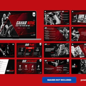 May include: A digital presentation template for a fitness brand featuring a laptop displaying a red and black slide with the text GAHAR NOW, TAKE THE PAIN OR NO GAIN. The set includes multiple slides showing gym imagery, charts, and text.