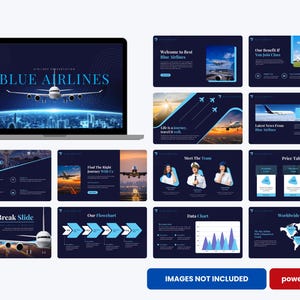 May include: A laptop displaying a presentation for Blue Airlines. The presentation includes slides with text and graphics about the airline, including a welcome slide, service information, and a price table. The presentation is on a dark blue background.