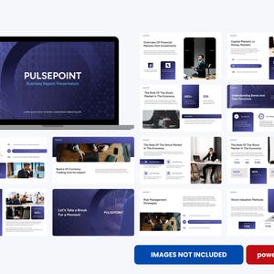 Puede incluir: Un ordenador portátil que muestra una presentación de informe empresarial titulada "PULSEPOINT". Las diapositivas presentan un esquema de color azul oscuro y púrpura con texto y gráficos relacionados con los mercados financieros y las inversiones.