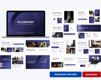 May include: A laptop displaying a business report presentation titled "PULSEPOINT". The presentation slides feature a dark blue and purple color scheme with text and graphics related to financial markets and investments. Additional slides are also visible.