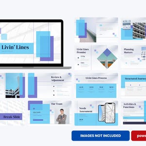 May include: A laptop displaying a presentation slide with the text "Livin' Lines" in a blue and white design. Accompanying slides showcase a business presentation with blue and white graphics, including text and images. The presentation is labeled "powerpoint".