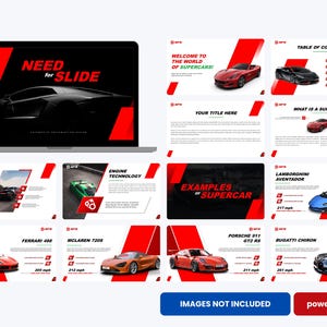 May include: A laptop displaying a presentation about supercars, with red and black design elements. The presentation includes slides on supercar history, engine technology, and examples like Ferrari and Lamborghini. The text "NEED for SLIDE" is visible.