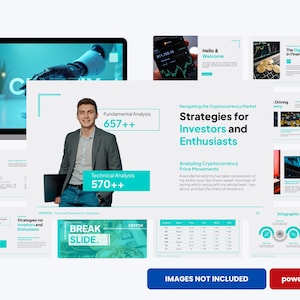 May include: A presentation template with a man in a gray blazer, laptop, and slides about cryptocurrency. The slides include the text "Strategies for Investors and Enthusiasts", "Fundamental Analysis 657++", and "Technical Analysis 570++".