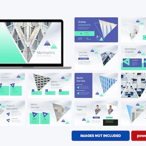 May include: A laptop displaying a presentation with a teal and white geometric design, with the word "Merchantrix" on the screen. Additional slides feature teal, purple, and white geometric shapes and text. The bottom of the image has the text "IMAGES NOT INCLUDED" and "powerpoint".