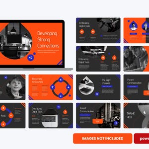 Może przedstawiać: Laptop wyświetlający prezentację z tytułem "Developing Strong Connections" w białym tekście na pomarańczowym tle. Slajdy wykorzystują schematy kolorów pomarańczowy, czarny i niebieski, ze słowami "Embracing Digital Tools" i "Parent Communication".