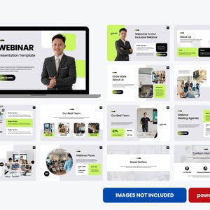 Puede incluir: Una pantalla de portátil muestra una plantilla de presentación de seminario web. Las diapositivas presentan un diseño profesional con un hombre con traje, acentos verdes y texto. La presentación incluye temas como objetivos, precios e información de contacto.