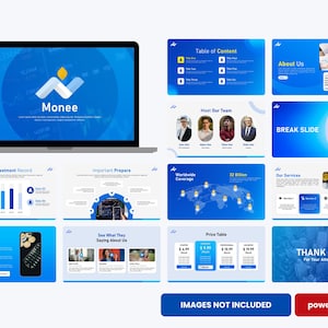 May include: A laptop displaying a blue and white "Monee" logo, surrounded by various blue PowerPoint slides. The slides include "Table of Content", "About Us", "Meet Our Team", and a price table. The image also includes the text "IMAGES NOT INCLUDED" and "powerpoint".