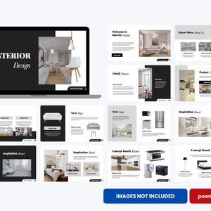 Peut inclure: Un ordinateur portable affichant une présentation sur le design d'intérieur. L'écran présente les mots "INTERIOR Design" en blanc sur un fond noir, avec des images d'espaces intérieurs. Des diapositives supplémentaires présentent des concepts de design et des objectifs de projet.