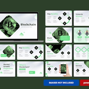 May include: A digital presentation on a laptop screen and several slides, all with a green and white color scheme. The presentation is about Blockchain, with a Bitcoin graphic. The slides include text and graphics about key benefits, vision, and market growth.