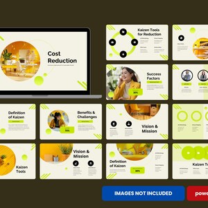 Puede incluir: Una computadora portátil muestra una diapositiva de presentación con el título "Cost Reduction". Otras diapositivas muestran temas como "Kaizen Tools", "Vision & Mission" y "Success Factors". El diseño utiliza un esquema de color amarillo y verde con elementos gráficos circulares.
