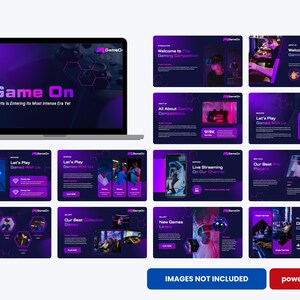 Może przedstawiać: Laptop wyświetla prezentację zatytułowaną "Game On" ze sloganem "Esport wkracza w swoją najbardziej intensywną erę". Dodatkowe slajdy przedstawiają szczegóły konkursu gier, transmisję na żywo i najważniejsze momenty graczy. Schemat kolorów to fioletowy i czarny.