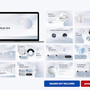 May include: A laptop displaying a presentation titled "Node Net" with a light blue and white color scheme. Accompanying slides cover topics like "Core Principles," "Sales Metrics," and "Pipeline Management." The image also includes the text "IMAGES NOT INCLUDED" and "powerpoint."