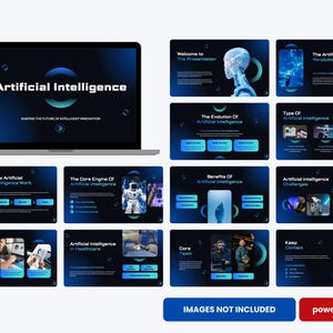 May include: A laptop displaying a presentation on Artificial Intelligence. The presentation slides are dark blue with white and light blue text. Topics include the evolution, types, and benefits of AI. The bottom of the image has the text "IMAGES NOT INCLUDED" and "powerpoint".