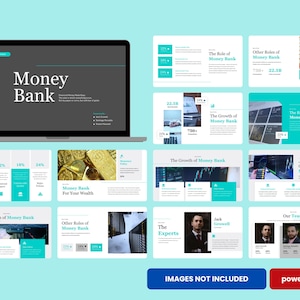 May include: A laptop displaying a presentation titled "Money Bank" with various financial data slides. The slides feature charts, graphs, and images related to finance, banking, and wealth management. The overall color scheme is teal, white, and black.