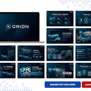 Może przedstawiać: Laptop wyświetlający prezentację z logo "ORION" i różnymi slajdami. Slajdy prezentują tematy takie jak "Zaawansowana Technologia", "Sieć Oriona" i "Ultra-Szybkie Prędkości". Obraz zawiera również tekst "OBRAZY NIE ZAWARTE" i "powerpoint".