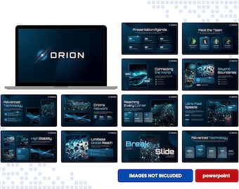 Puede incluir: Un portátil muestra una presentación con el logotipo "ORION" y varias diapositivas. Las diapositivas cubren temas como "Tecnología Avanzada", "Red de Orión" y "Velocidades Ultrarrápidas". La imagen también incluye el texto "IMÁGENES NO INCLUIDAS" y "powerpoint".