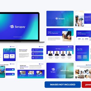 May include: A laptop displaying a presentation with a blue and teal gradient background and the Serapay logo. The presentation includes slides on payment solutions, banking, and financial services. Additional slides show financial data and team members.