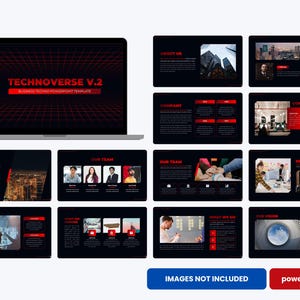 May include: A laptop displaying a PowerPoint presentation template titled "TECHNOVERSE V.2". The template features a dark theme with red accents and a grid design. Additional slides showcase company information, team photos, and other business-related content.