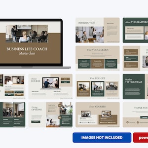 May include: A laptop displays a presentation titled "Business Life Coach Masterclass." Accompanying slides showcase course content, including introductions, learning objectives, and testimonials. The color scheme is a mix of beige, brown, and dark green.