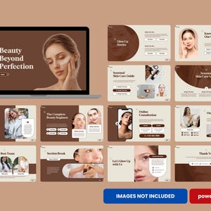 May include: A digital presentation template for beauty and skincare featuring a laptop displaying a landing page and multiple slide layouts in shades of brown and beige. The slides include text headers like Beauty Beyond Perfection and Online Consultation.