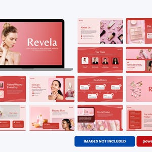 May include: A laptop displays a presentation for "Revela" skincare products. The presentation includes slides on product information, team members, and skincare routines. The color scheme is primarily red and pink, with images of beauty products and women.