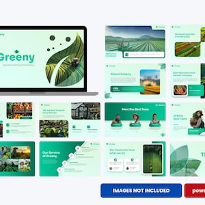 May include: A laptop displaying a presentation titled "Greeny" with a green and white color scheme. The presentation slides showcase agriculture and gardening themes, including images of farms, produce, and team members. The bottom of the image has the text "IMAGES NOT INCLUDED" and "powerpoint".