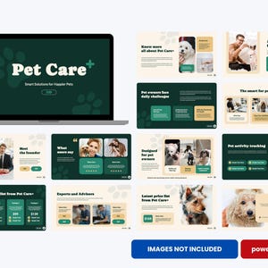 May include: A laptop screen shows a presentation on "Pet Care", with a green and white design. The slides cover topics like pet owners, activity tracking, and include images of dogs and people. The presentation is designed for pet owners.